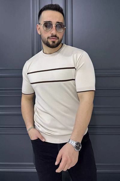 MİSHAR İTALİA Ανδρικό μπλουζάκι Bejkh Coffee Stripe με λεπτομέρεια Crew Neck