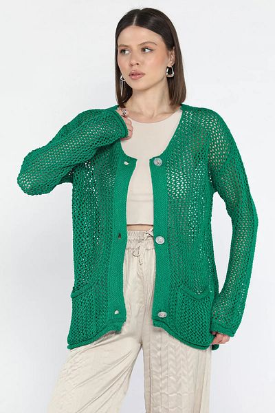 GÜLSELİ Green Button Detailed Openwork Women's Knitwear Cardigan