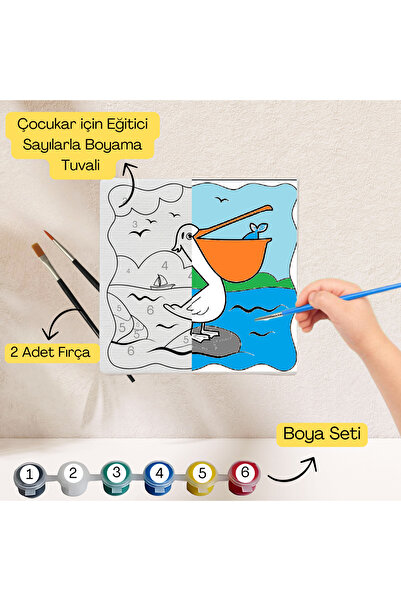 hediye hobim Çocuklar İçin Eğitici Sayılarla Boyama Seti Martı–20x20 Tuval,Bo...