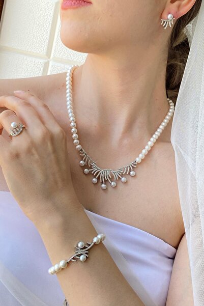 Birinci 925 Ayar Gümüş Kadın Zirkon Taşlı Çubuk Figürlü Doğal İnci Küpe Kolye...