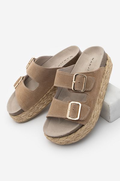 Marjin Damen-Hausschuhe aus echtem Leder, dicke Strohsohle und zwei Riemen, lässig, Camel Lumet