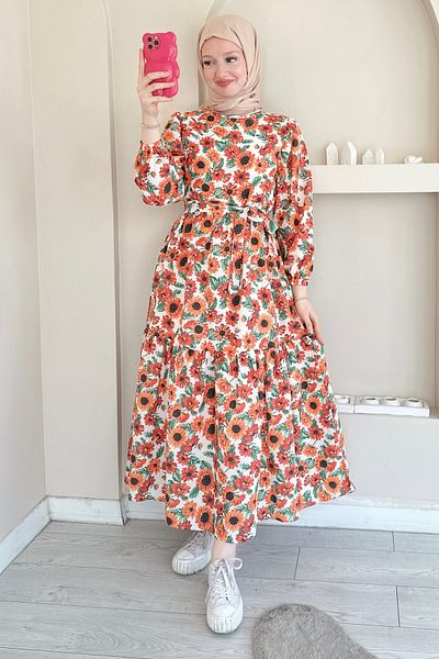 ButikMoor Mo343 Large Daisy Patterned Orange Dress