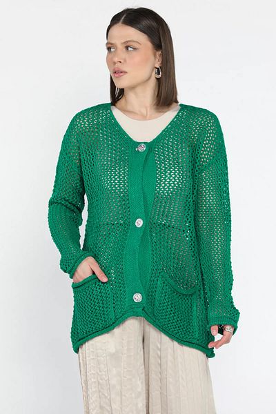 GÜLSELİ Green Button Detailed Openwork Women's Knitwear Cardigan