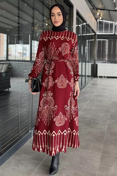 julude Μπορντό φόρεμα Hijab με μοτίβο μέσης
