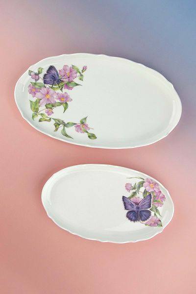 Bursa Porselen Dekor Lilac Butterfly 2 Size Porcelain Boat Plate