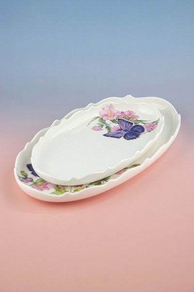 Bursa Porselen Dekor Lilac Butterfly 2 Size Porcelain Boat Plate