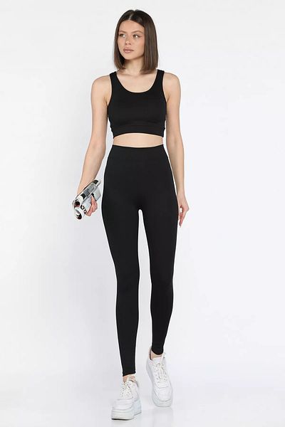 GÜLSELİ Black Women's Thick Strap Ribbed Crop High Waist Athlete Leggings Double Set