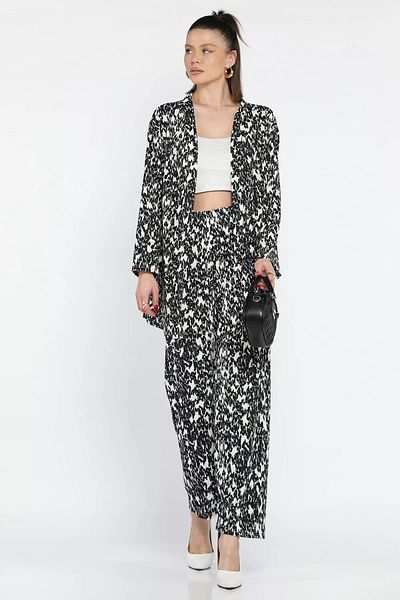 GÜLSELİ Black Women's Patterned Kimono Pants Double Set
