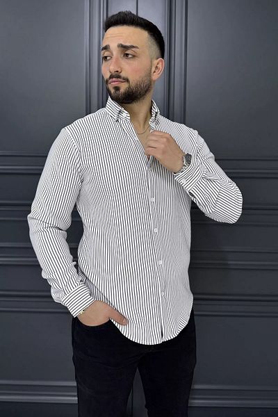 MİSHAR İTALİA Ανδρικό μακρυμάνικο πουκάμισο με κρεμ μαύρο ριγέ σχέδιο