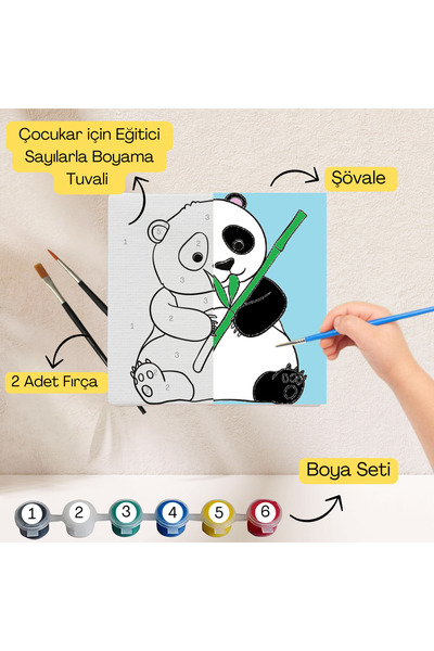 hediye hobim Çocuklar İçin Eğitici Sayılarla Boyama Seti Panda–20x20 Tuval,Bo...