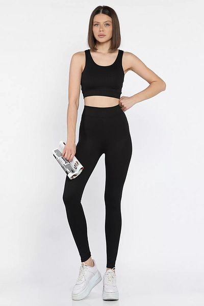 GÜLSELİ Black Women's Thick Strap Ribbed Crop High Waist Athlete Leggings Double Set