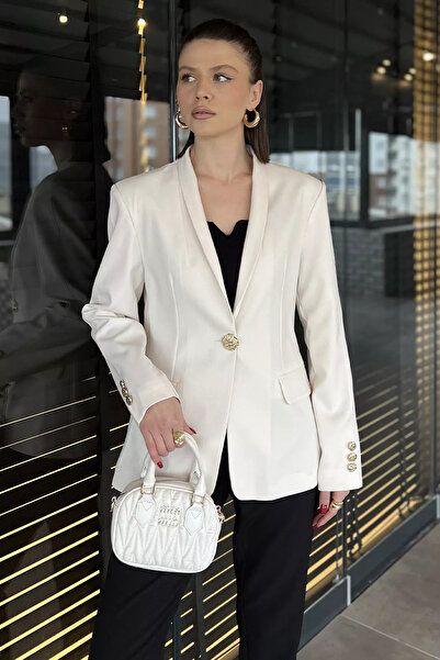 Zehra Gül Krem Kadın Düğme Detaylı Kruvaze Yaka Blazer Ceket