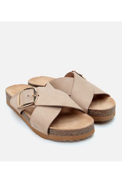 Hotiç Papuci de damă din piele nubuck bej cu curea