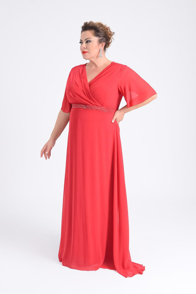 LİLAS XXL Lilas XXL Women Plus Size Long Chiffon Evening Dress 9510 Red