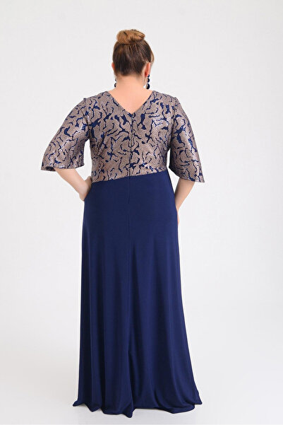 LİLAS XXL Lilas XXL Women Plus Size Double Breasted Collar Short Sleeve Long Evening Dress 9670 Navy Blue