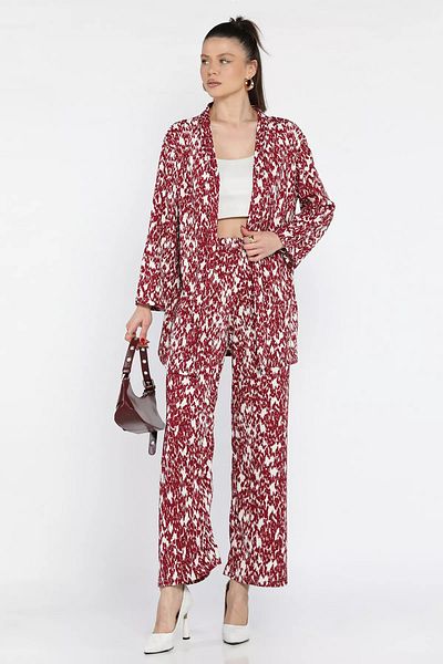 GÜLSELİ Burgundy Women's Patterned Kimono Pants Double Set