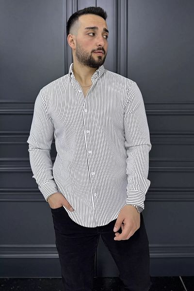 MİSHAR İTALİA Ανδρικό μακρυμάνικο πουκάμισο με κρεμ μαύρο ριγέ σχέδιο