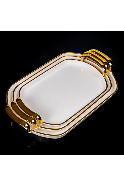 ZETT 3'lü Akrilik Tepsi Fenomen Model Altın Renk Kulplu BEYAZ