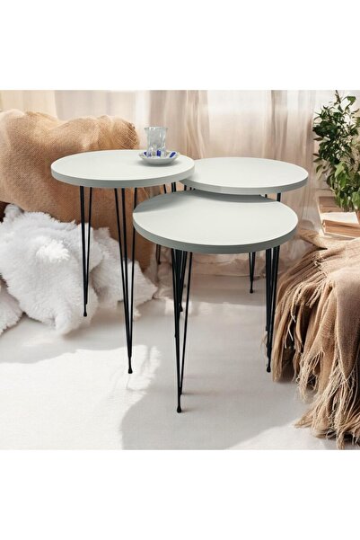 ADIM EBATLAMA Zigon Sehpa 3'lü Yuvarlak Model Metal Tel Ayak (BEYAZ)