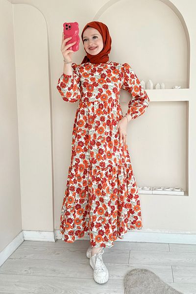 ButikMoor Mo343 Large Daisy Patterned Burgundy Dress