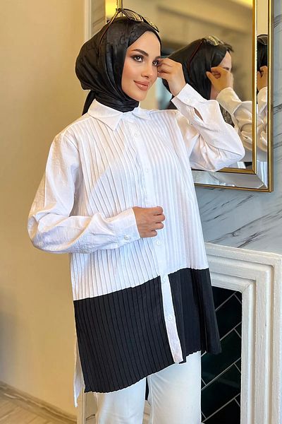 julude White Color Garnished Side Slit Pleated Hijab Shirt Tunic