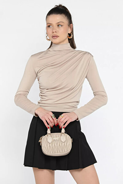 julude Beige Shoulder and Waist Draped Women's Blouse
