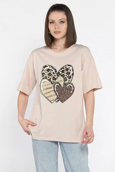 GÜLSELİ Tricou de damă cu decolteu rotund cu imprimeu inimă cu model leopard Koyutaş