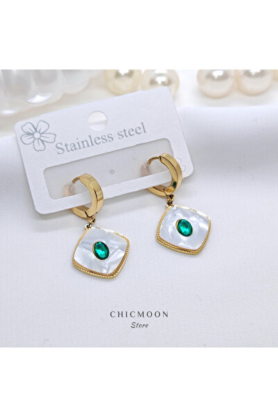 CHICMOON STORE Steel Green Stone Mother of Pearl Earrings