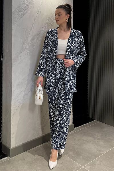 GÜLSELİ Navy Blue Women's Patterned Kimono Pants Double Set
