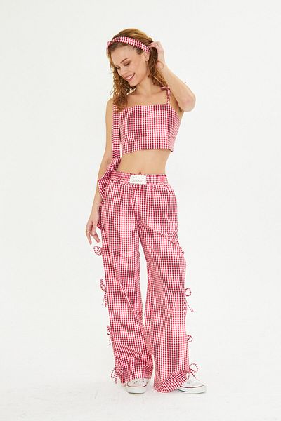 The Champ Clothing Women's Checked Fabric Bag Hair Band Crop and Pants Bottom Top Set Combination