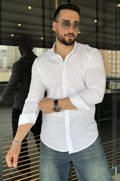 MİSHAR İTALİA Cămașă albă cu mânecă lungă pentru bărbați cu model