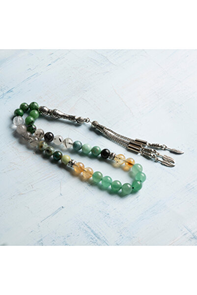 Deniz Doğal Taş Sertifikalı Doğal Aventurin, Sitrin, Krizokol  Anyolit Taşı 8 mm 33’lü İkizler Burcu Tesbih