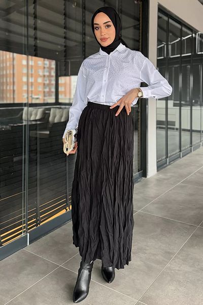 julude Μαύρη ελαστική μέση Crinkle Voile Hijab φούστα