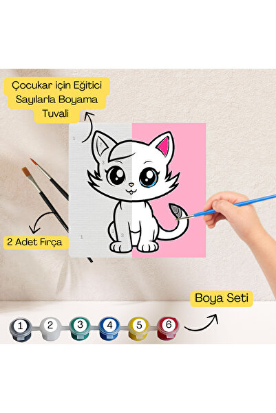 hediye hobim Çocuklar İçin Eğitici Sayılarla Boyama Seti Kedi–20x20 Tuval,Boy...