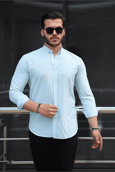 Valiberta Turquoise Carina Striped Men's Shirt - Breathable, Cotton
