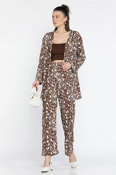 GÜLSELİ Brown Women's Patterned Kimono Pants Double Set