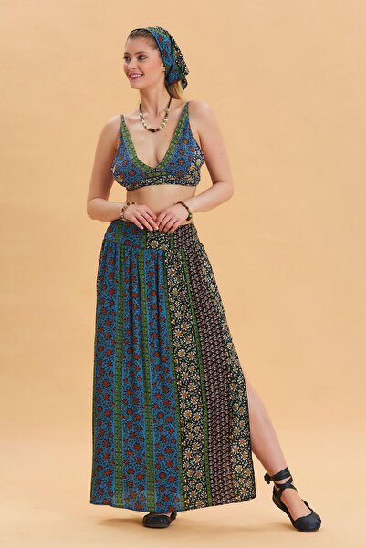 Los banditos Fustă cu fantă adâncă în talie elastică, cu model floral