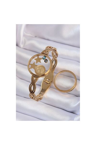 Skygo 316L Steel - Gold Colored Evil Eye Bead and Star Figure Openable Handcuffs - TJ-BB6156
