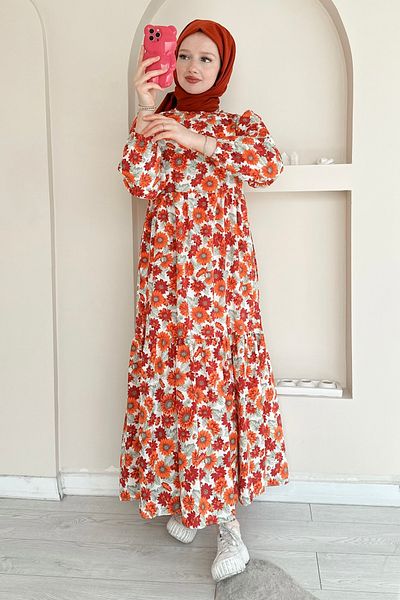 ButikMoor Mo343 Large Daisy Patterned Burgundy Dress