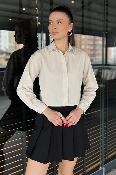 GÜLSELİ Cămașă Crop Top pentru femei Stone cu mânecă lungă