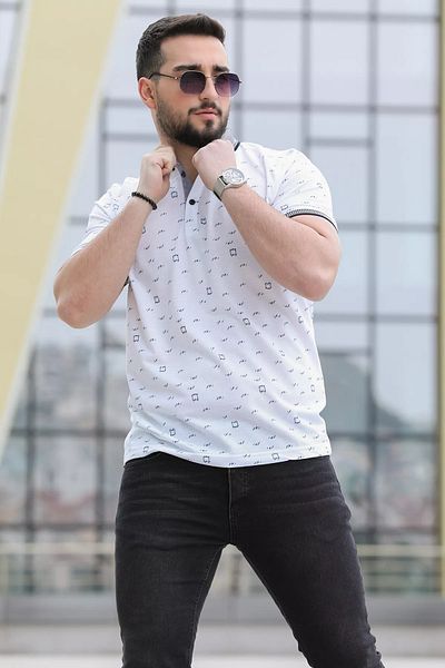 MİSHAR İTALİA Tricou polo pentru bărbați cu model Lycra alb-albastru închis