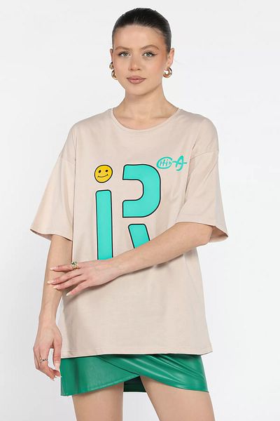 GÜLSELİ Tricou de damă cu decolteu rotund cu imprimeu frontal Koyutaş