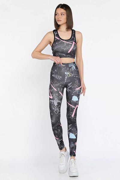 GÜLSELİ Black Women's Printed Athlete Crop Bustier High Waist Leggings Set of Two