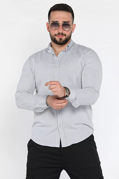 MİSHAR İTALİA Сива мъжка риза с дълъг ръкав без джоб