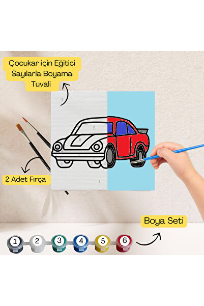 hediye hobim Çocuklar İçin Eğitici Sayılarla Boyama Seti Araba–20x20 Tuval,Bo...