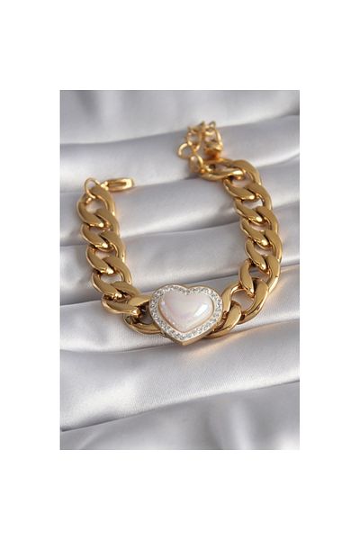 Skygo 316L Steel Gold Color Pink 3D Heart Model Zircon Stone Women's Bracelet - TJ-BB5923