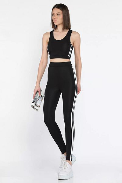 GÜLSELİ Black Women's Stripe Detailed High Waist Athlete Leggings Crop Bustier Set of Two