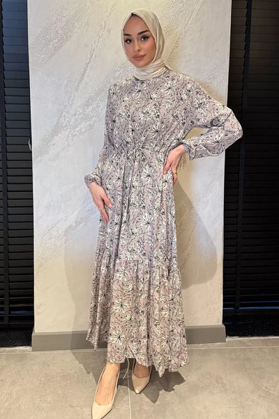 julude Φόρεμα με γκρι λουλούδια με δεμένη μέση Hijab Viscose