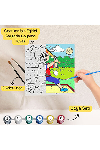 hediye hobim Çocuklar İçin Eğitici Sayılarla Boyama Seti Beyzbol–20x20 Tuval,...