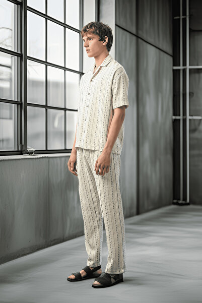 Valiberta Bohemian Striped Knitted Fabric Men's Shirt - Ecru